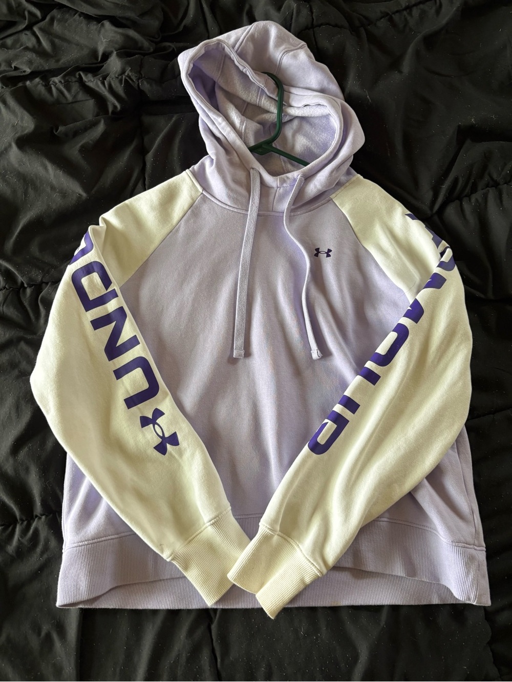 Under Armour Lavender Pullover Hoodie with Cream Sleeves and Purple Logo